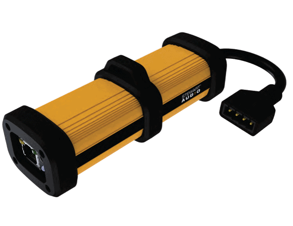 PowerCore™ DPA-220 Audio Amplifier with handle attached 45 degree-angle view